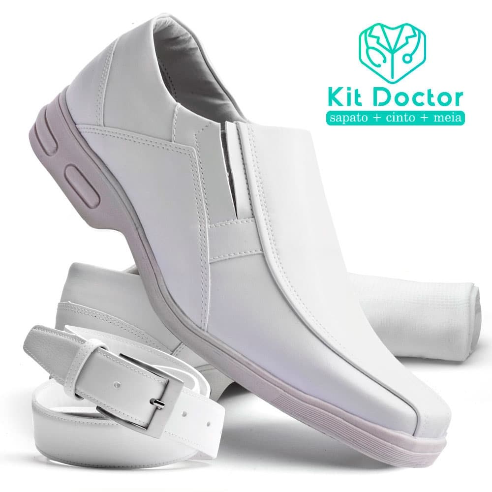Kit Sapato Social Doctor Maker Branco Conforto, Enfermaria, Dia a Dia, Trabalho + Cinto + Meia