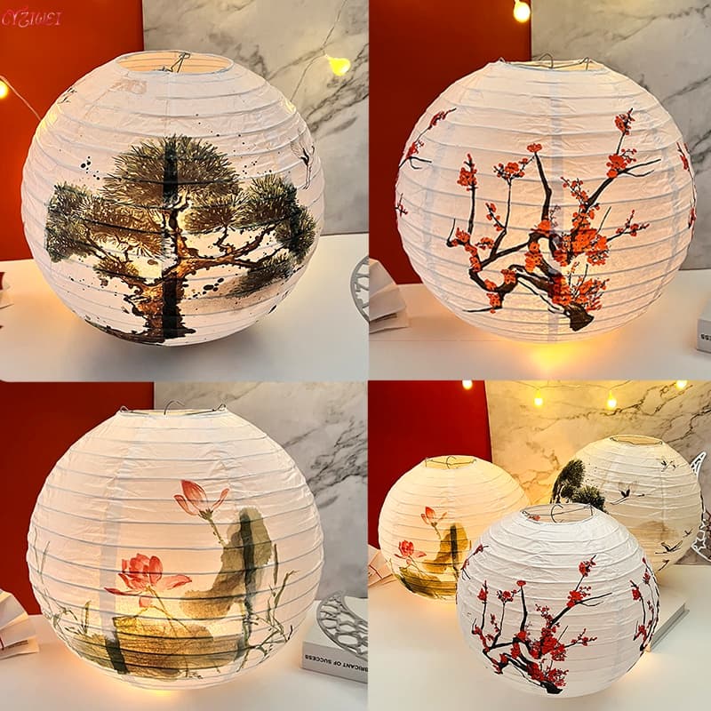 Pine/lotus/Plum Blossom Round Paper Lantern Lamp Shade Japonês Estilo Oriental Chinês Luz Restaurante Casamento