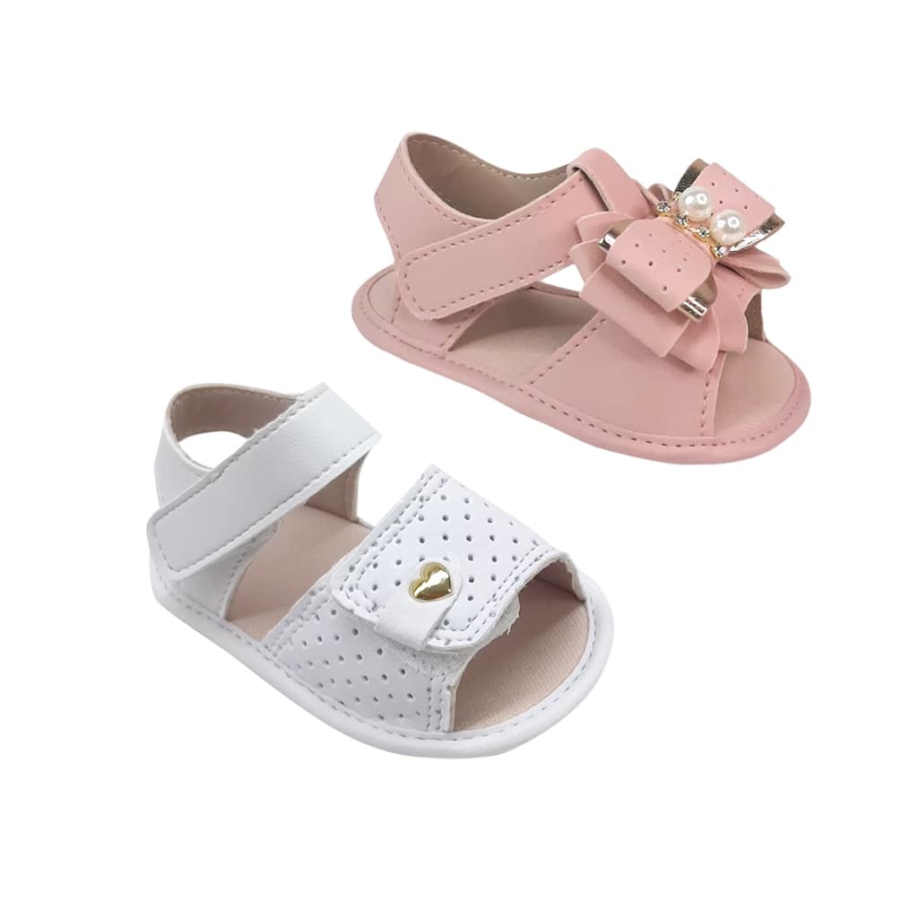 Kit 2 Pares Sandálinha Bebê Menina Rosa Laço/Bca Coração Sola Confortável.