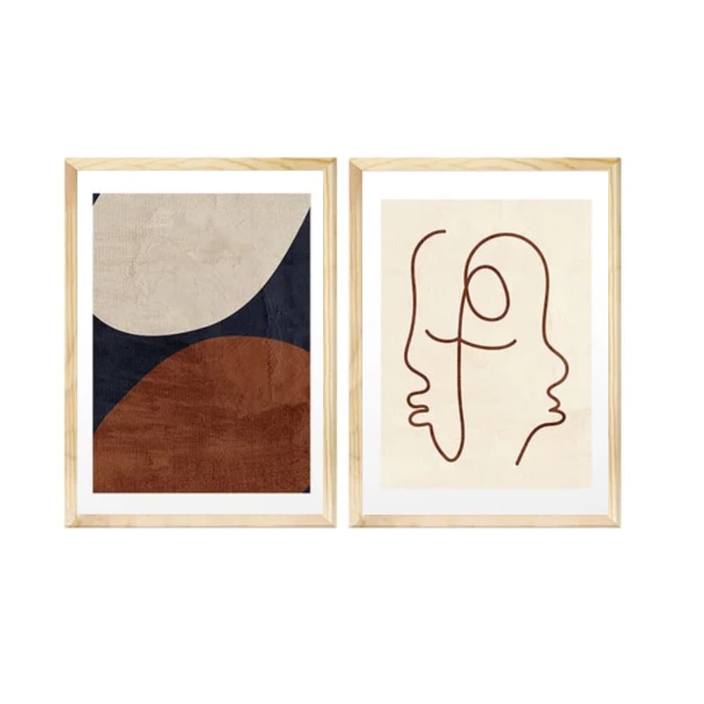 Dupla De Quadros Decorativos Abstrato Linhas Formas Moldura Pinus