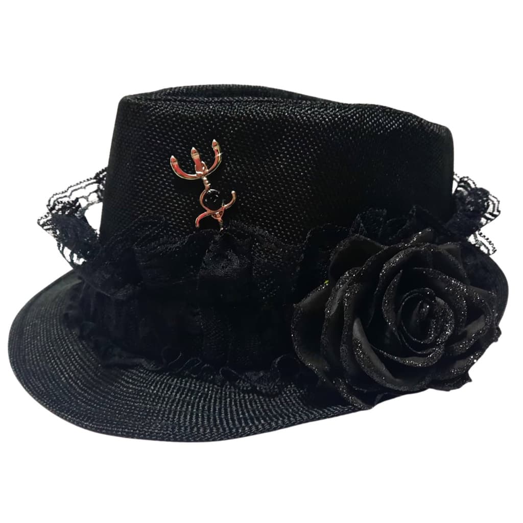 Chapéu Pomba Gira Preto Renda Preta Flor Preta Brilhosa Umbanda Candomble