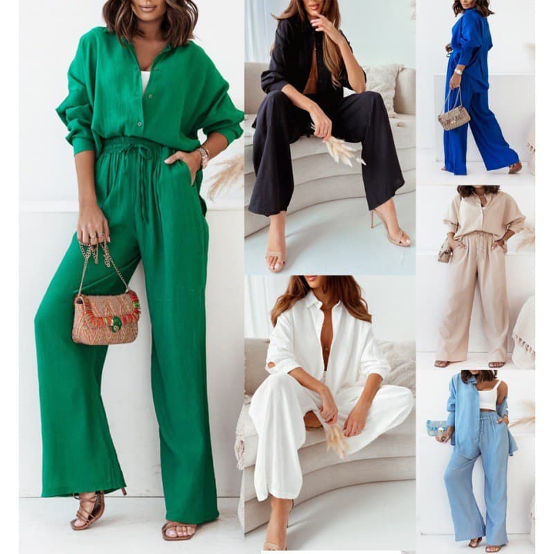 2022 Moda Europa, América, Outono e Inverno, nova camisa solta de mangas compridas, calças de pernas largas, terno casual feminino de 2 peças