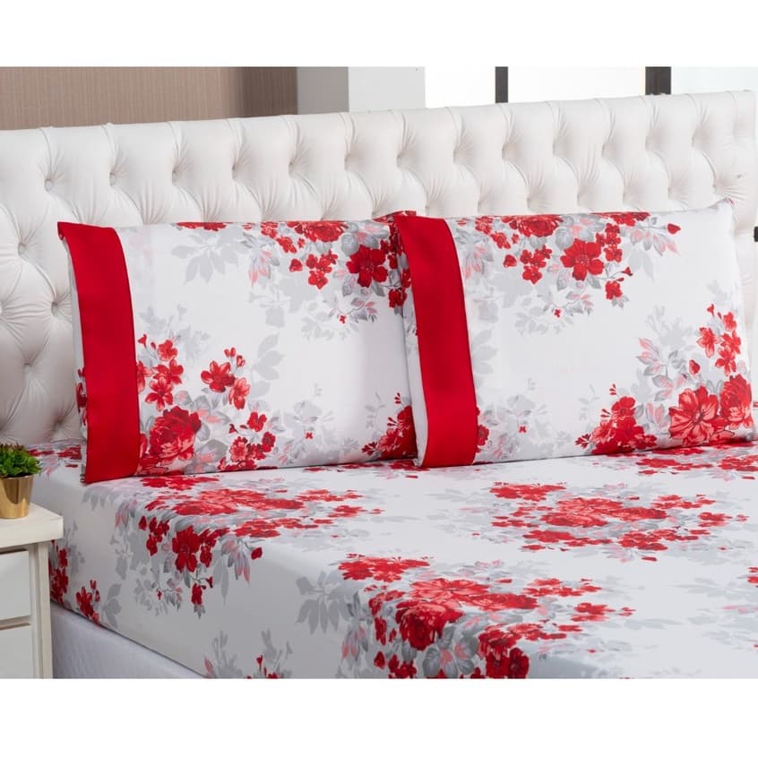 Lençol Cama Casal Padrão 3 Peças (lençol + Fronhas) Tecido Floral Vermelho 180 Fios Algodão 80%