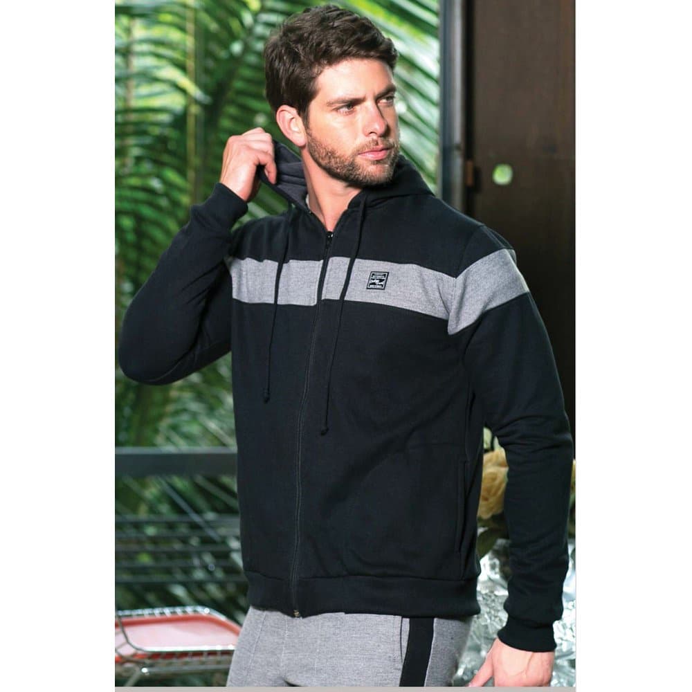 Blusa de Moletom Masculina Preta com Capuz e Zíper – Faixa no Peito, Estilo Urbano e Conforto para o Dia a Dia e Lazer
