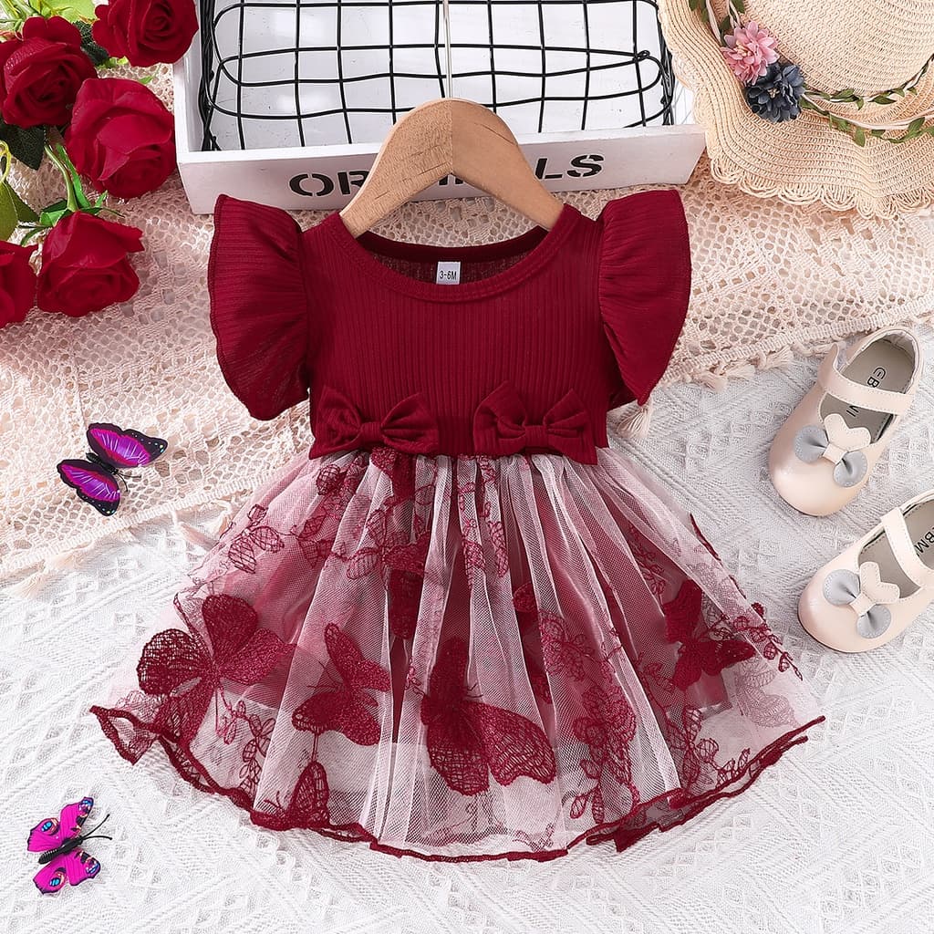 Vestido Bebê Menina 0-3 Anos Tule Bordado Borboleta Manga Curta Laço Presente Batizado Aniversário