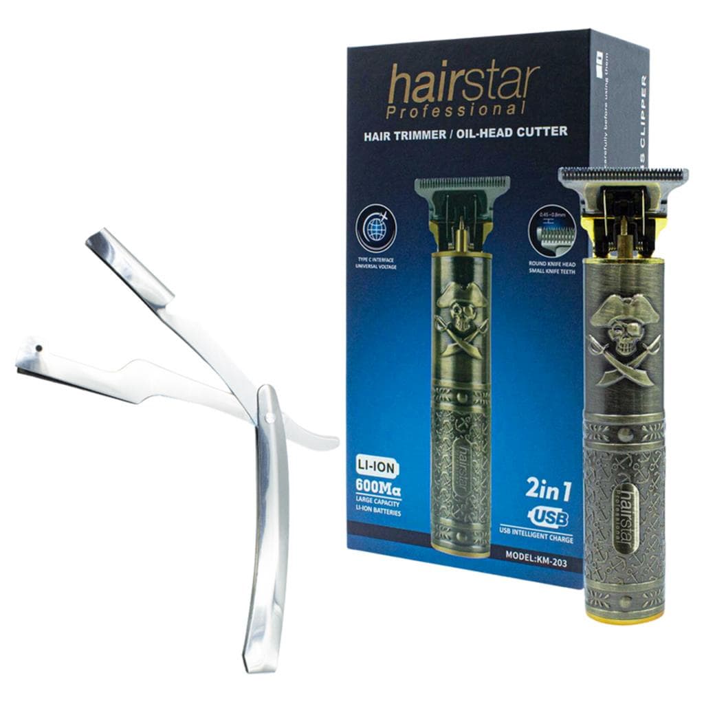 Máquina de Acabamento Profissional Bivolt Hairstar KM-203 + Navalhete de Aço Inox Profissional Barba Barbear Cabelo Barbearia Cabeleireiro Salão de Beleza