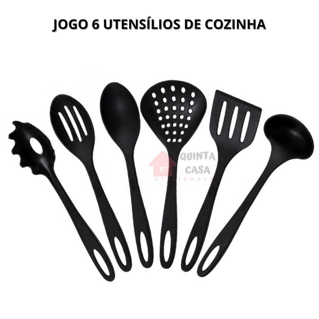Kit Jogo de Utensílios Cozinha 6 Peças Nylon Preto Escumadeira Concha