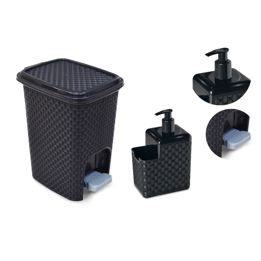 Kit Lixeira Rattan 7L c/ Pedal + Dispenser Porta Detergente