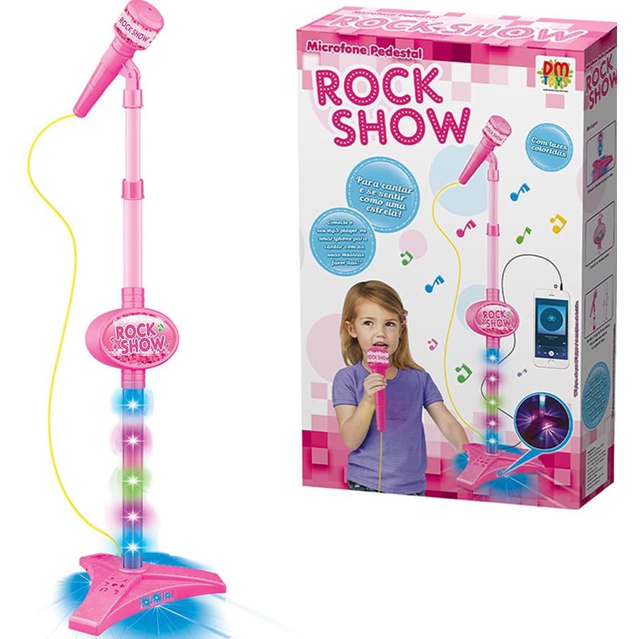 Microfone Musical Infantil Com Pedestal Rock Show Rosa 83cm Cabo P2 + Luz A Pilha