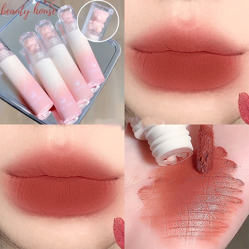 Gege Bear Copo Antiaderente À Prova D'água Brilho Labial De Longa Duração/Esmalte Lama De Veludo Fosco Fofo/Urso Rosa Na