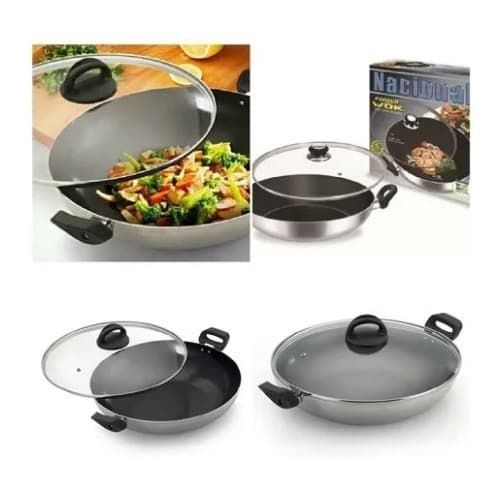 Panela Wok Antiaderente Com Tampa de Vidro - 28 Cm Alumínio Nacional