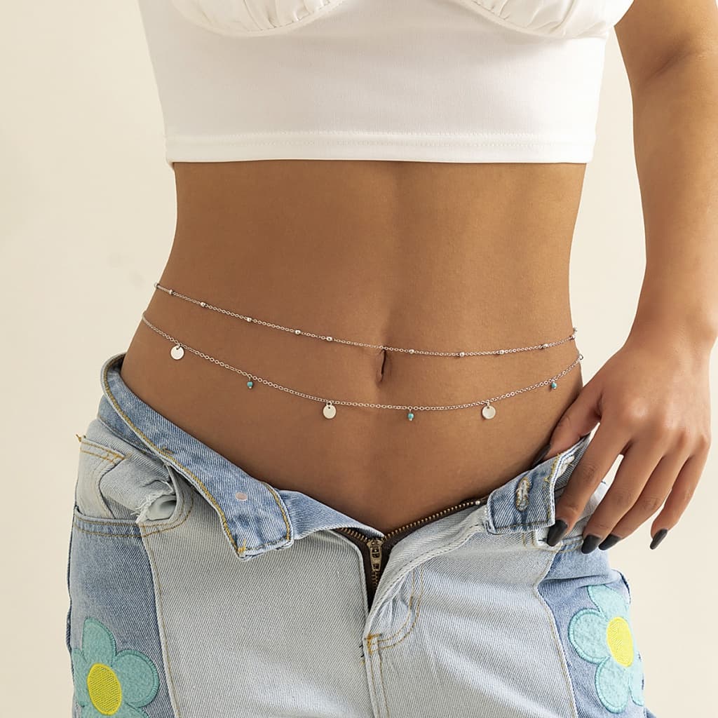 Lantejoulas de franja simples corrente de camada dupla cadeia de calças casuais Cadeia de corpo de hip-hop Cadeia de cintura de pinho retro da moda europeia e americana