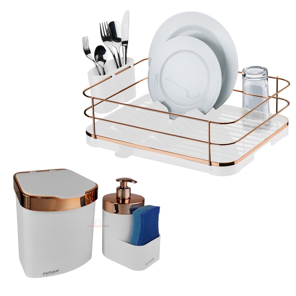 Kit Escorredor Louça Talher Lixeira 2,5L Dispenser Porta Detergente Cozinha Branco Rose Gold Future