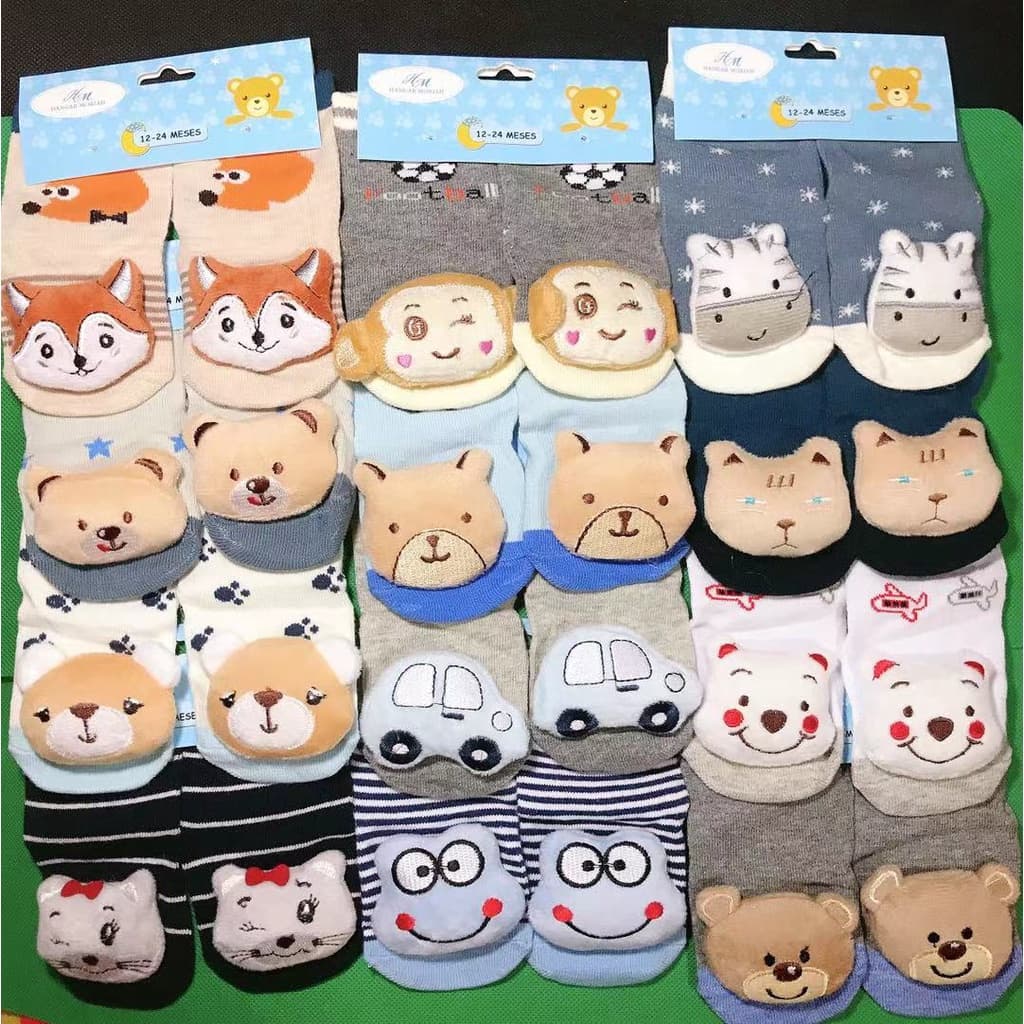 Kit 3 pares Meias Sapatinhos Pantufas com chocalho Infantil Bebe 0-24meses