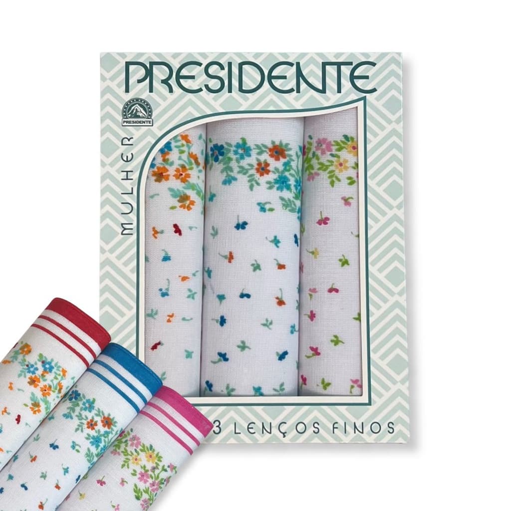 Kit c/ 3 Lenço Feminino Floral 100% Algodão 30 x 30 cm Presidente