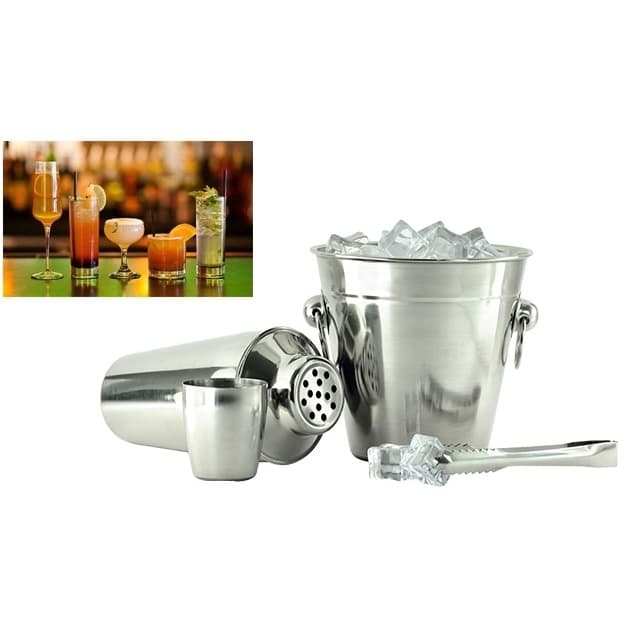 Kit Bar com Coqueteleira + Shakeira + Balde de Gelo + Pegador em Inox
