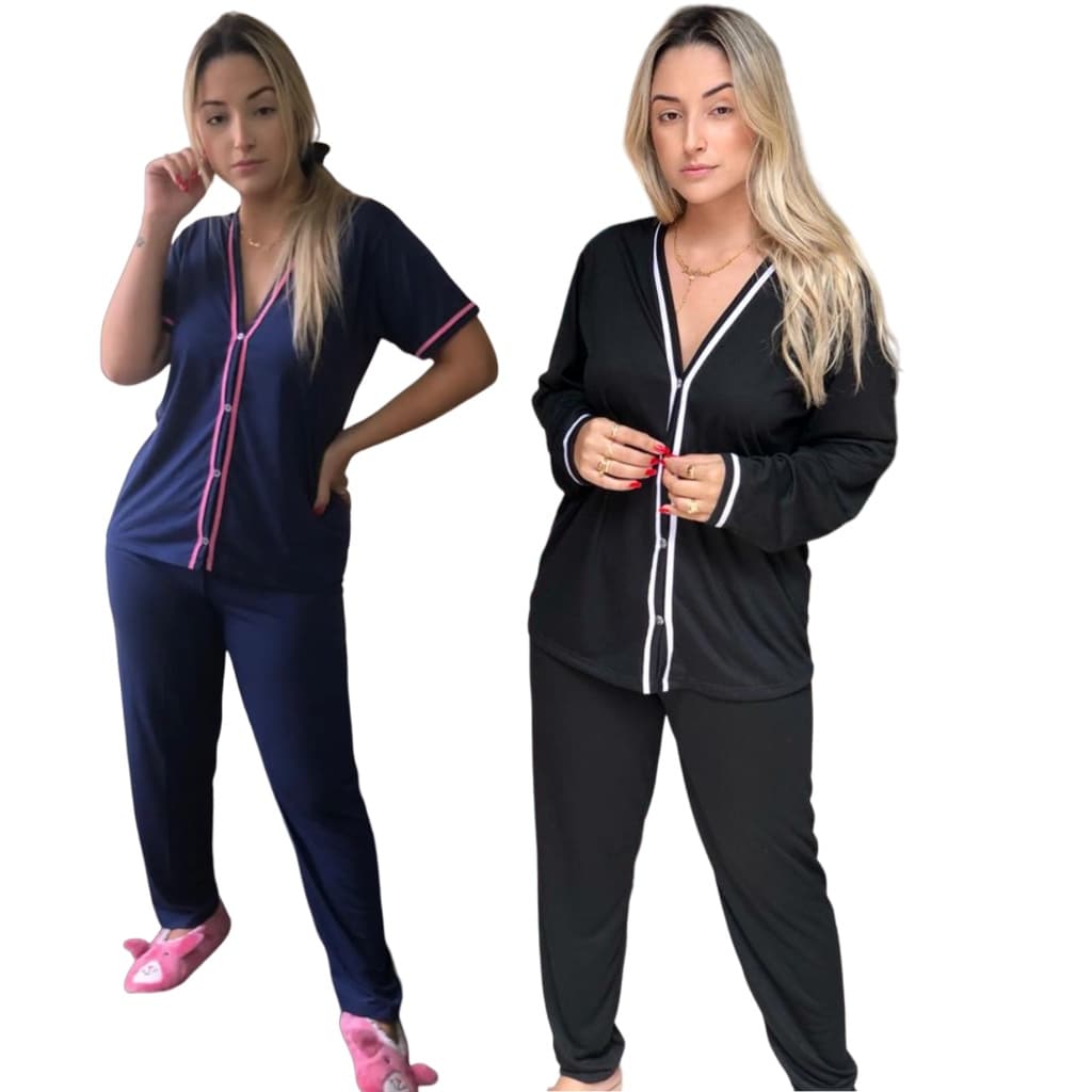 Kit 2 Pijamas Femininos Aberto de Botões Inverno Manga Longa Pijama Americano Cirurgico Meia Estação Comprida Calça Frio