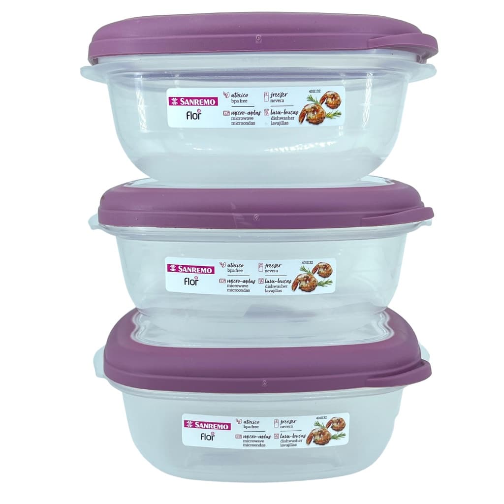 Kit 3 Potes Plástico Empilhaveis com Válvula Micro Ondas 920ml Quadrado
