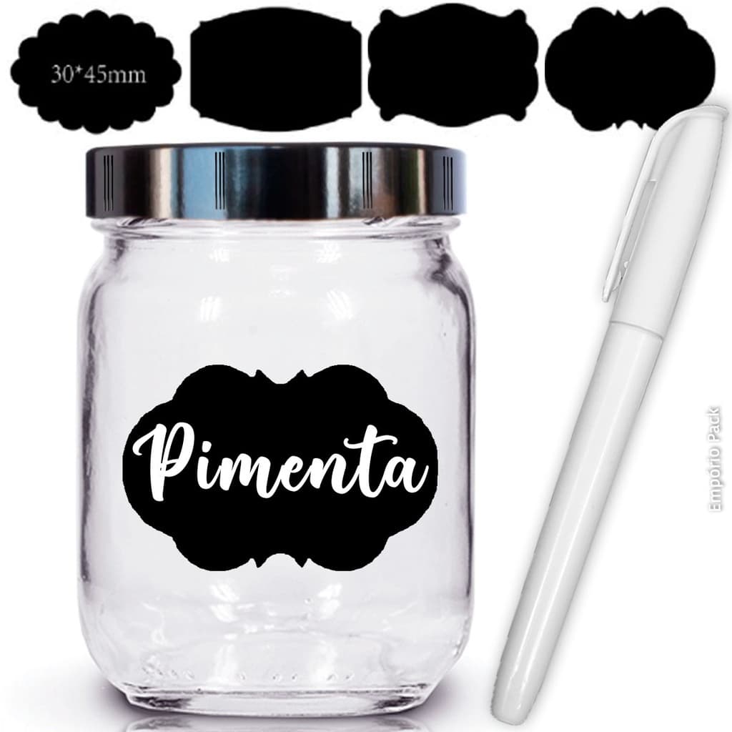 6 Potes Tempero Vidro 200ml, Tampa Plast. Preta, Etiqueta e Caneta