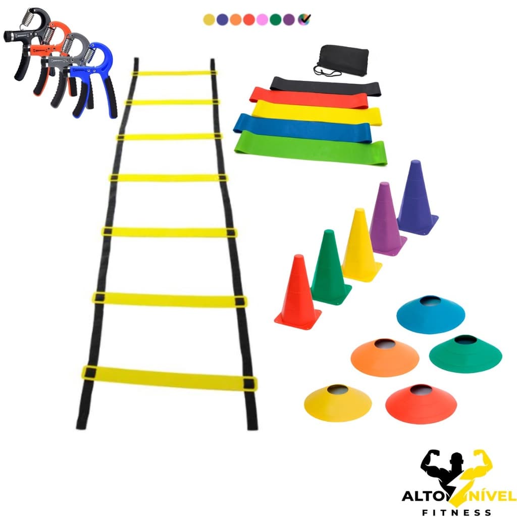 Kit Treino Funcional Agilidade Escada 7 Degraus 05 Cones 05 Chapéus 01 Kit Mini Bands 01 Hand Grip