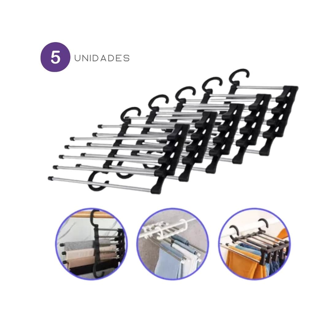 5 Cabides Multifuncional Calças Inox 5 Divisórias Retrátil  Cabide Roupa Blusa Vestido Cinto Meia Funcional