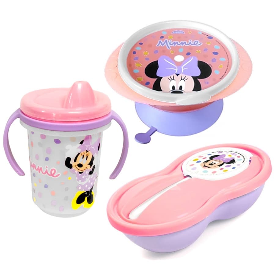 Kit Refeição da Minnie Tigela que Gruda Copo com Alça e Pratinho Bowl com Colher