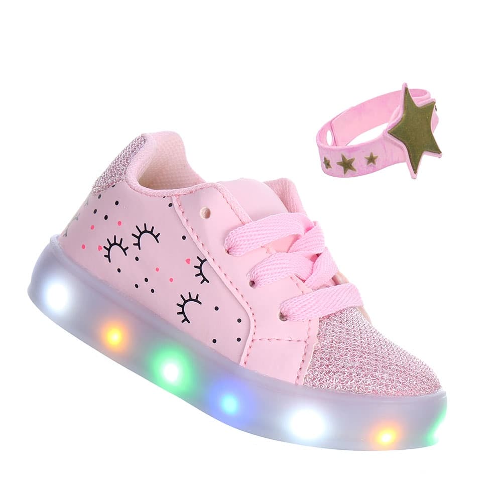 Tenis sapatinho com luz que pisca colorido love cilios rosa infantil meninas