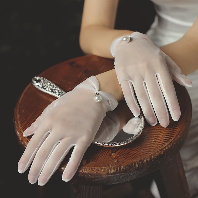 Luvas De Noiva Brancas Vestido Renda Curta Pérola Em Malha Acessórios De Casamento Cosplay Performance Women Bridal Gloves