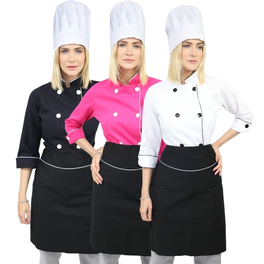 Kit Dolmã Chefe de Cozinha Feminino Manga 3/4 + Chapéu + Avental Chef de Cozinha