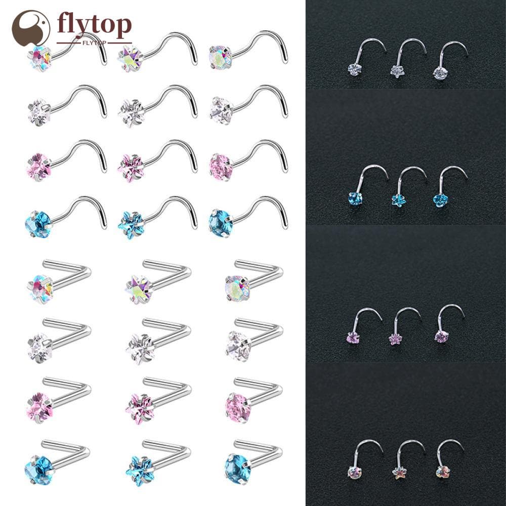 FLYTOP 3pcs/set De Aço Inoxidável Zircon Nose Stud Star Ângulo Reto Titanium Steel Jewelry Mulheres Homens Acessórios D2K7
