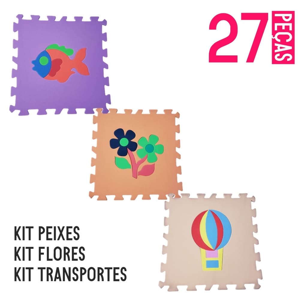KIT TAPETE EVA 27 PÇS 30X30CM TRANSPORTE - PEIXES - FLORES