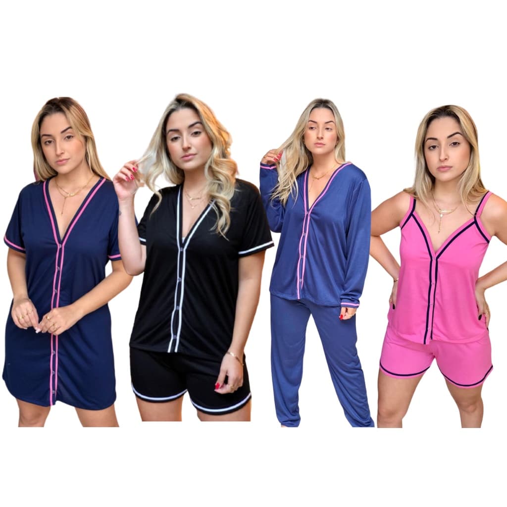 Kit 4 Pijamas Amamentação Curto e Longo Aberto Com Botões