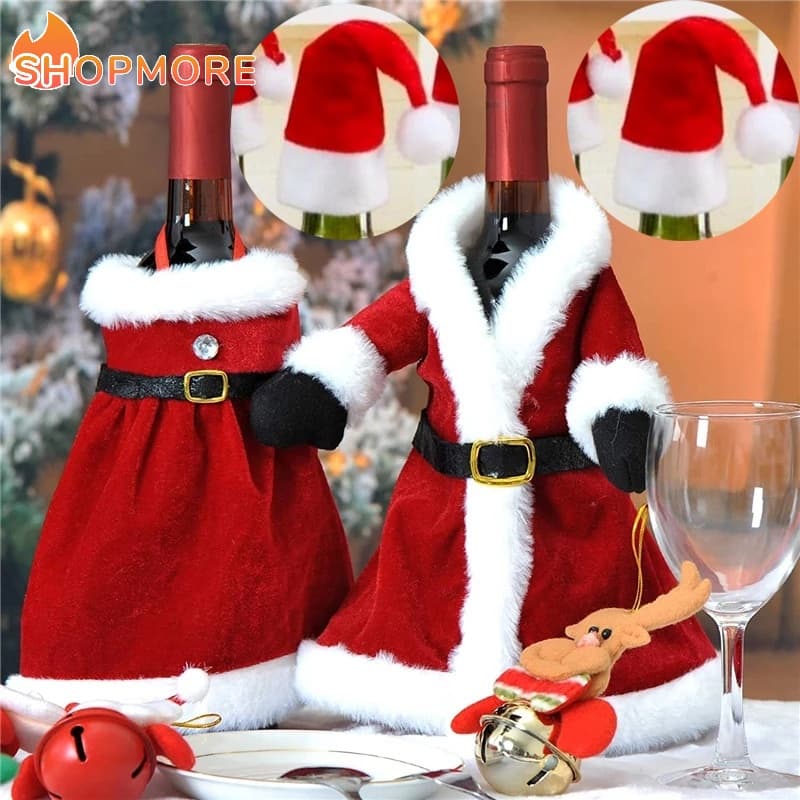 [Serendipidade] Vestido De Natal Garrafa De Vinho Capa De Papai Noel/Feliz Jantar De Ano Novo Decoração De Mesa Ornamento