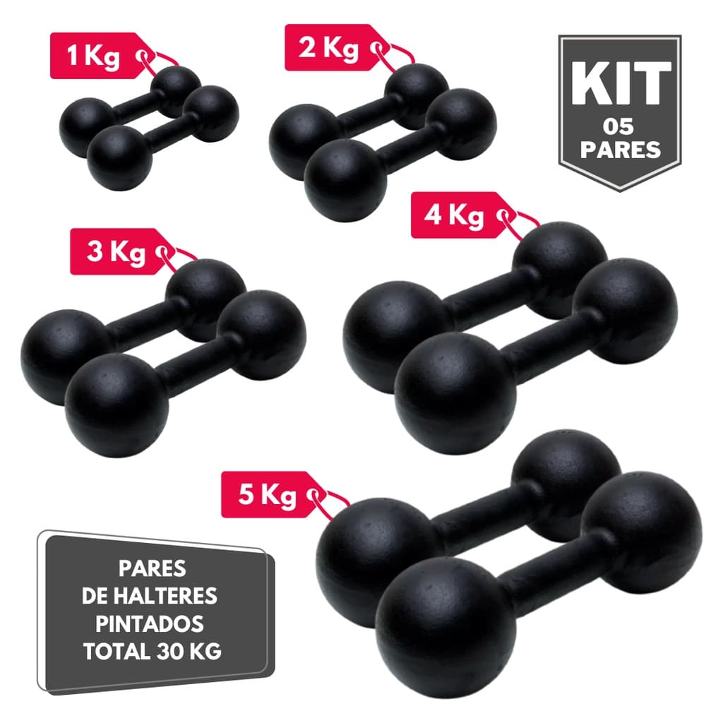Kit Par Halter Bola Pintado 1 2 3 4 e 5 Kg - Total 30 Kg