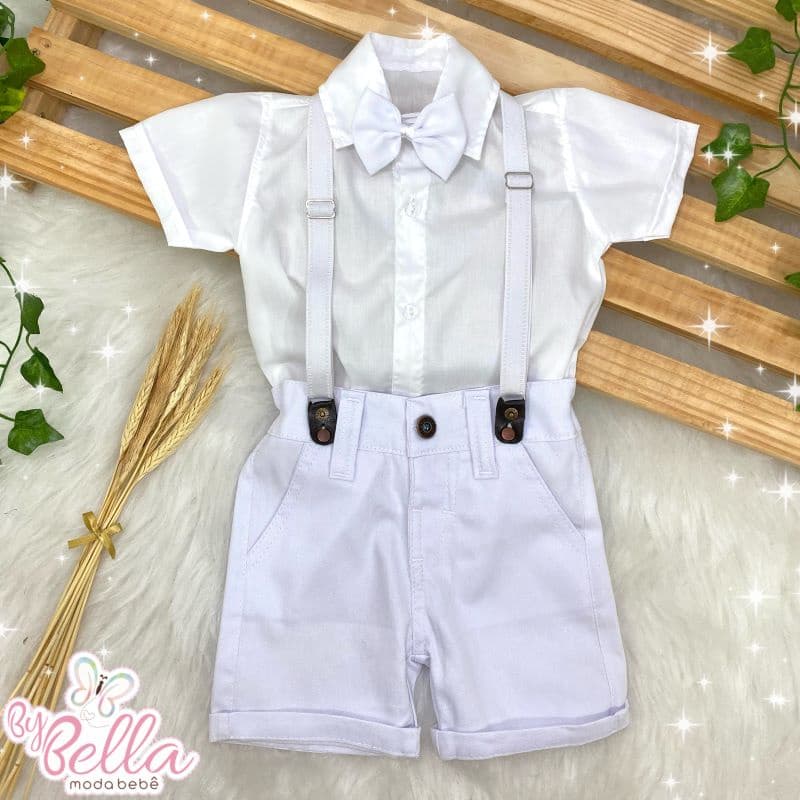 CONJUNTO BATIZADO INFANTIL BEBÊ MENINO COM SHORT SUSPENSÓRIO 02 ANOS