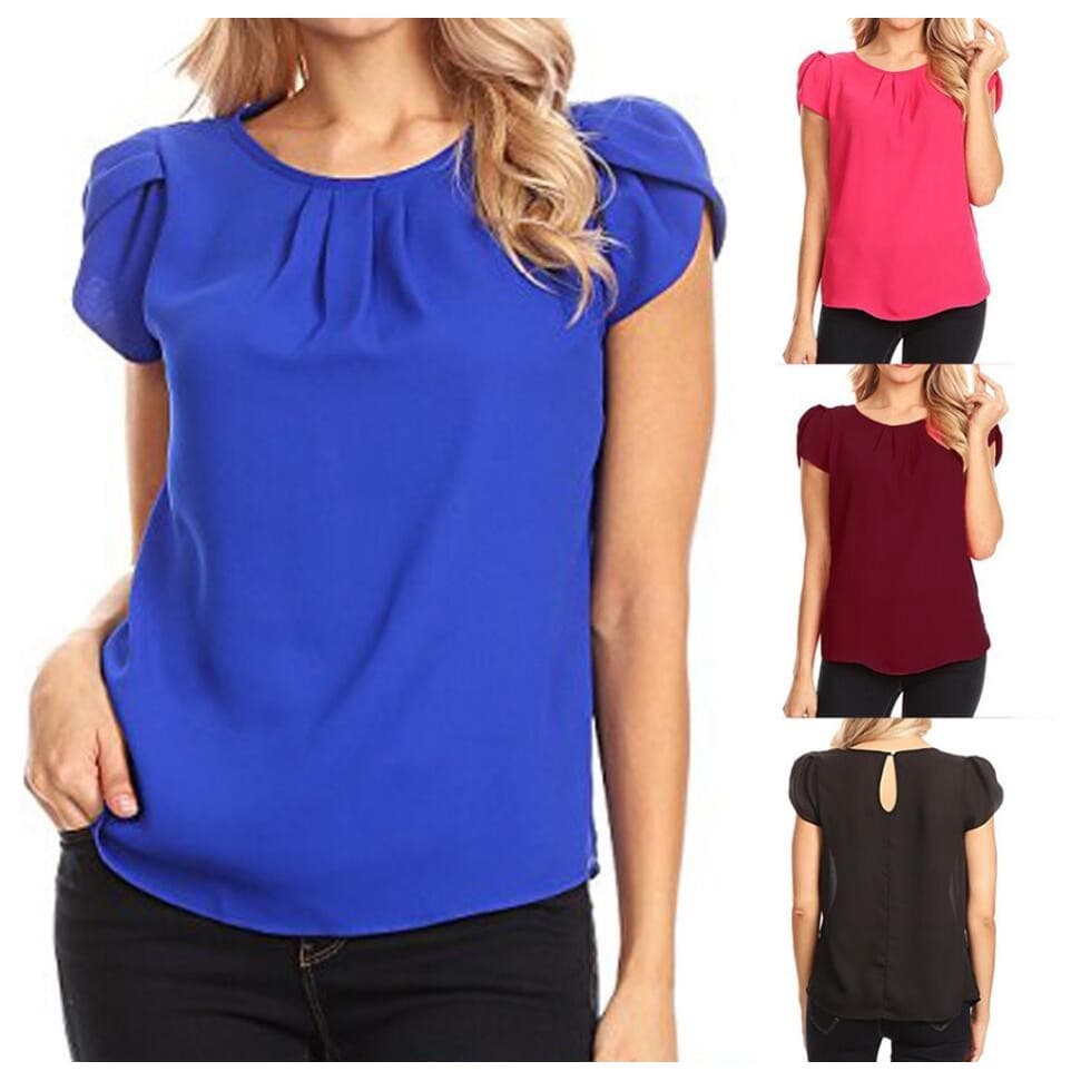 Transfronteiriço 2020 O novo chiffon de cor pura de manga curta com gola redonda, camisa casual de manga curta, blusa de manga curta