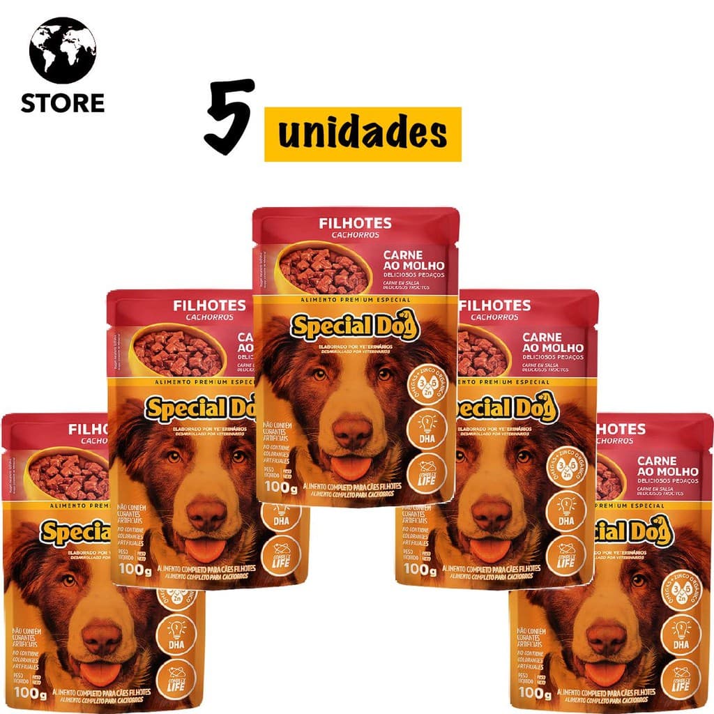5 unidades Ração Úmida Special Dog Sachê Carne para Cães Filhotes