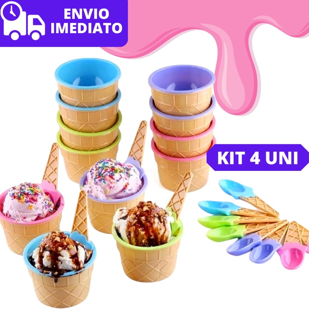 Kit 04 Pote de Sobremesa com Colher Tigela de Plástico Casquinha Sorvete Lembranças de Festas