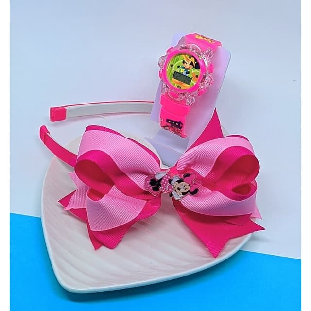 Kit Relógio Digital Infantil Pisca Luz Toca Musica Princesa Disney Minnie Froze + Tiara Arquinho de Cabelo com Laço