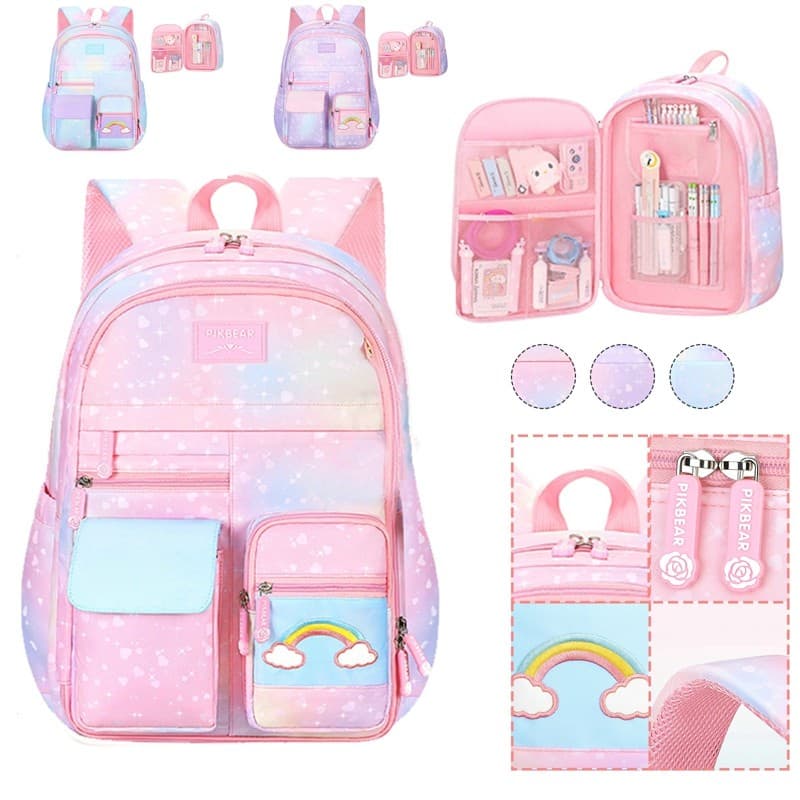 Mochila escolar do aluno da cor do arco-íris, multifuncional, grande capacidade, kit de mochila infantil de alta qualidade