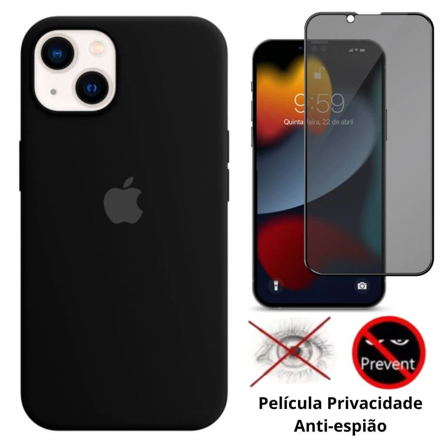 Para iPhone 14 Kit 2em1 Capa Silicone Aveludada + Película Privacidade 3D 5D