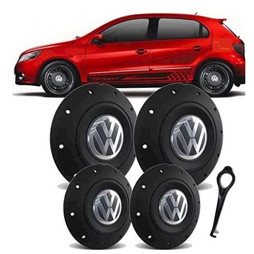 Jogo de Calota Centro Roda Ferro VW Amarok Aro 13 14 15 4 Furos Preta + Chave e adesivo D`Marco