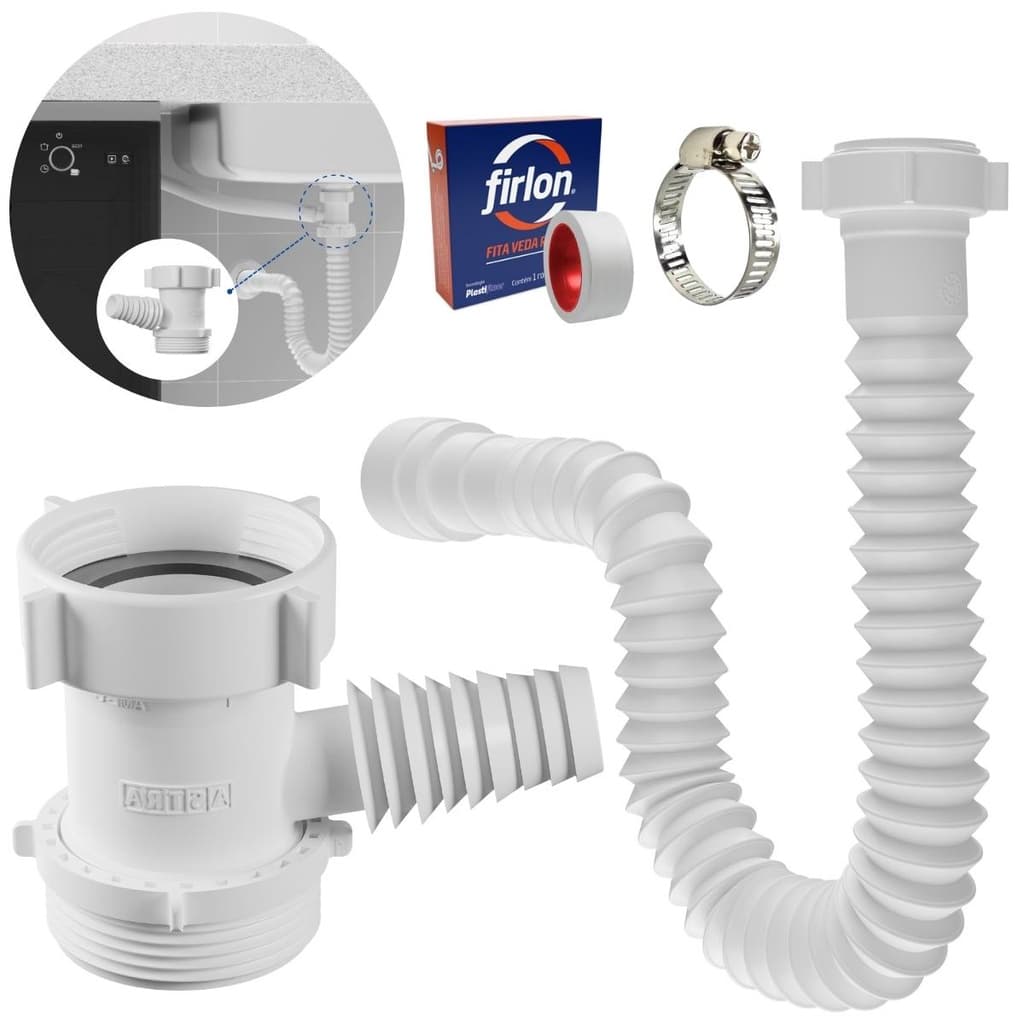 Adaptador Para Máquina de Lavar Louça + Sifão Sanfonado Universal + Abraçadeira 1" + Fita Veda Rosca