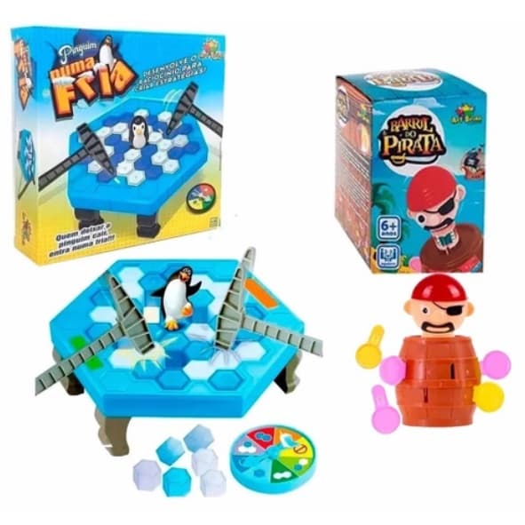 Kit 2 Jogos Barril do Pirata Mini + Derruba Pinguim Infantil Para Toda a Família