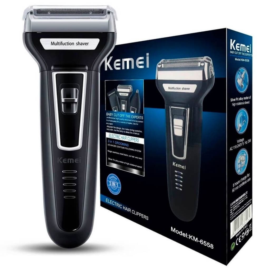 Kemei 3 em 1 Bivolt Maquininha de barbear Aparador de Pelos Barbeador Elétrico
