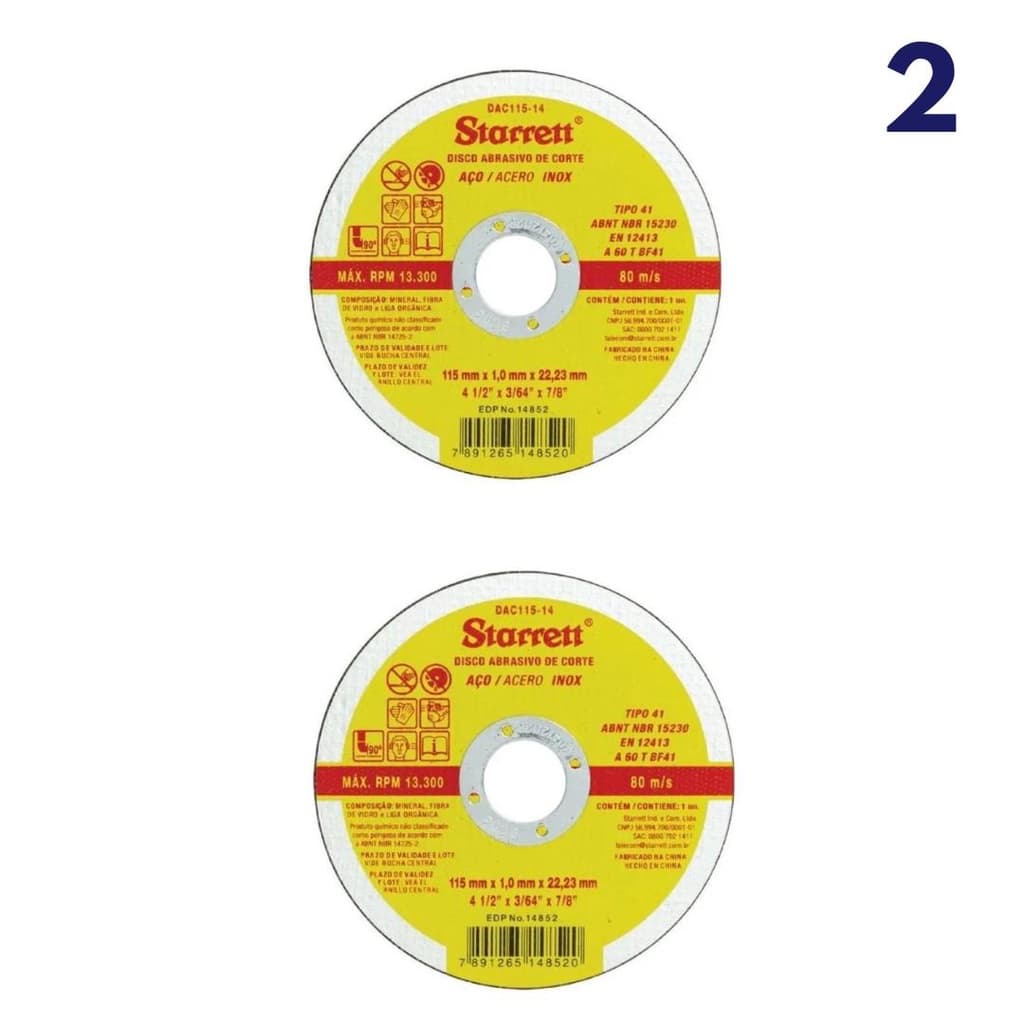 KIT 2 DISCO DE CORTE ABRASIVO STARRETT AÇO INOX DAC11514