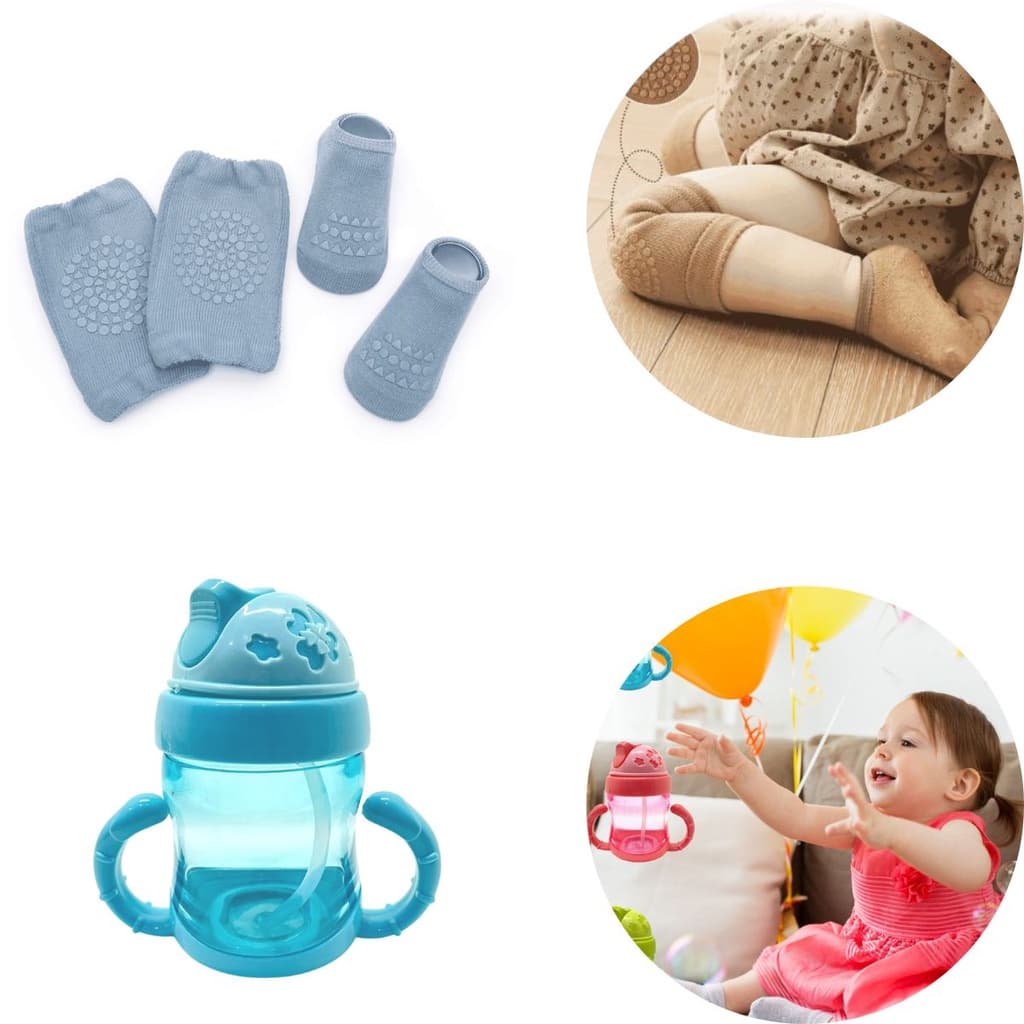 Kit Meia Joelheira Antiderrapante E Copo Com Alça E Canudo Azul Joelheira para Engatinhar, Gatinhar , meia sapatilha Antiderrapante Copo antivazamento