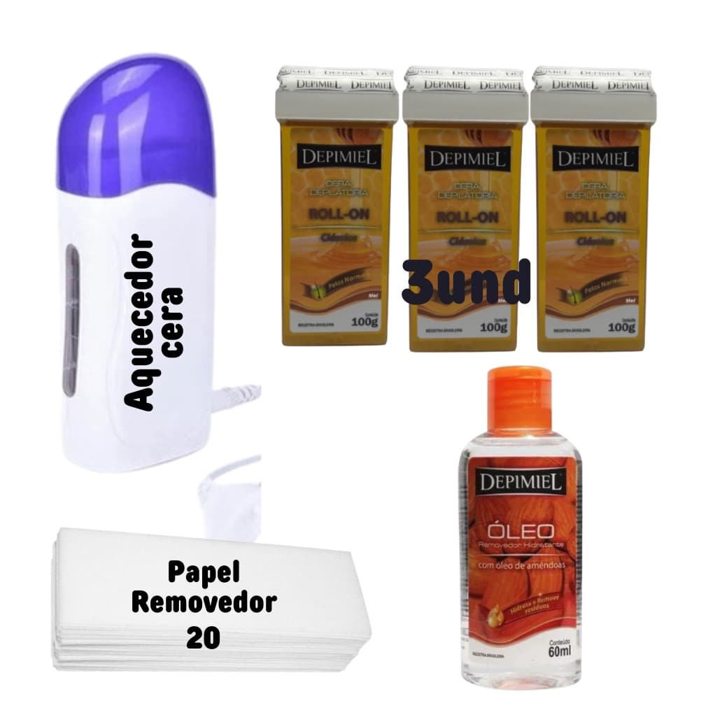 KIT Aparelho Aquecedor De Cera Quente Roll On + 3 Refil De Cera Rolon + Oleo Removedor + Papel
