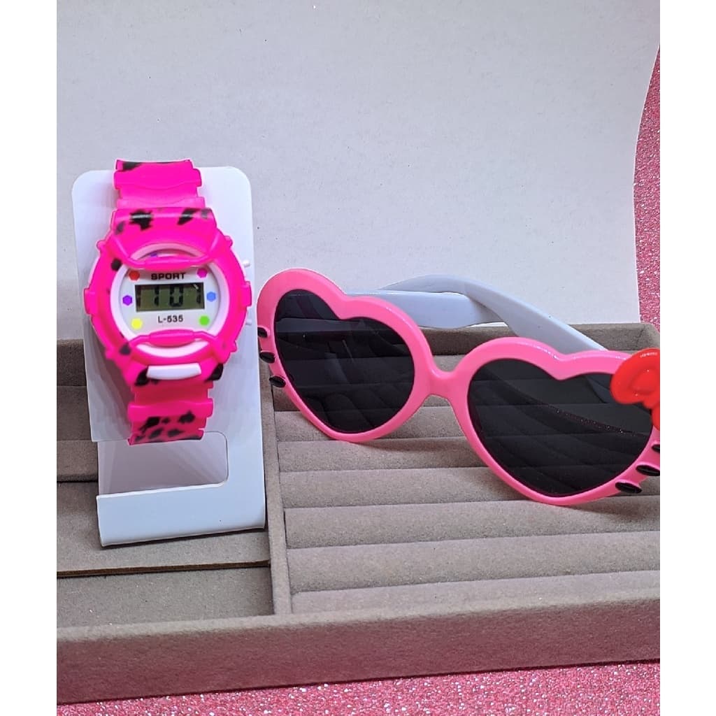 Kit Relógio Digital Sport Watch para Meninas + Óculos de Sol Infantil Gatinho Formato de Coração com Laço Presente