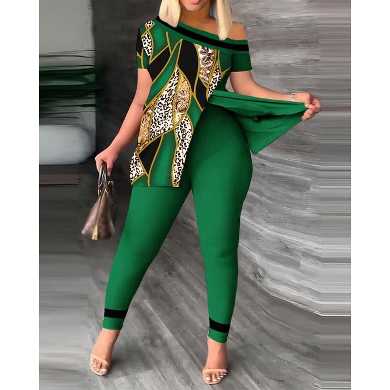 Summer Casual Women Contraste Impresso Skew Neck Split Top & Pants Set Fêmea Manga Curta 2 Peças Conjuntos De Roupas Novas